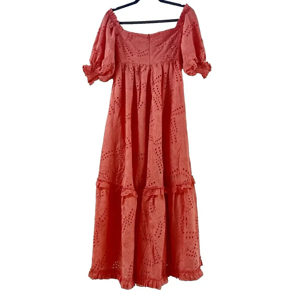 Waimari Belmond Coral Pink Puff Sleeve Eyelet Lace Peasant Maxi Dress Size S - Picture 6 of 9